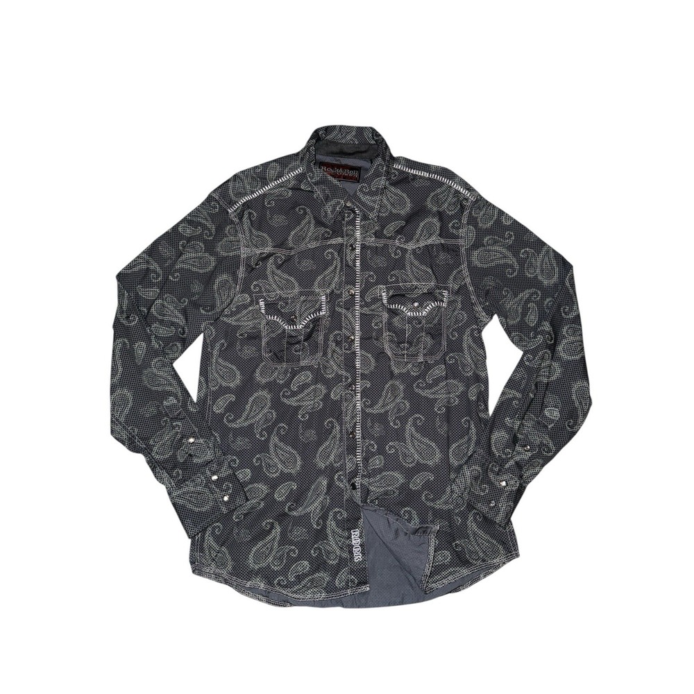 Rock & Roll Cowboy Shirt Mens LG Pearl Snap Western Paisley Bull‎ Rider Rodeo